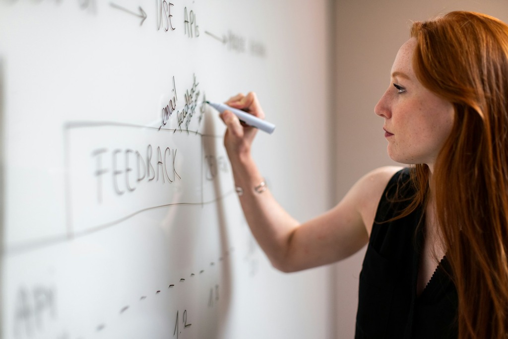 Software engineer planning system architecture on whiteboard